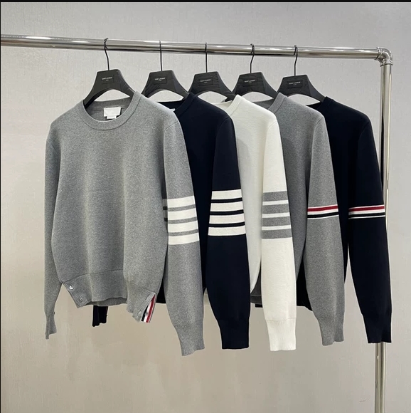 秋冬新品TB纯棉针织四杠圆领毛衣男女潮流袖标彩条套头上衣打底衫