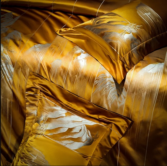 新中式34姆米重磅桑蚕丝色织提花床单套件金色高端真丝床上用品